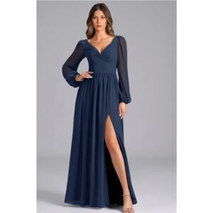 Azazie Womens Navy Blue Puff Sleeve Chiffon Maxi Dress Size 14 Wedding Prom Boho
